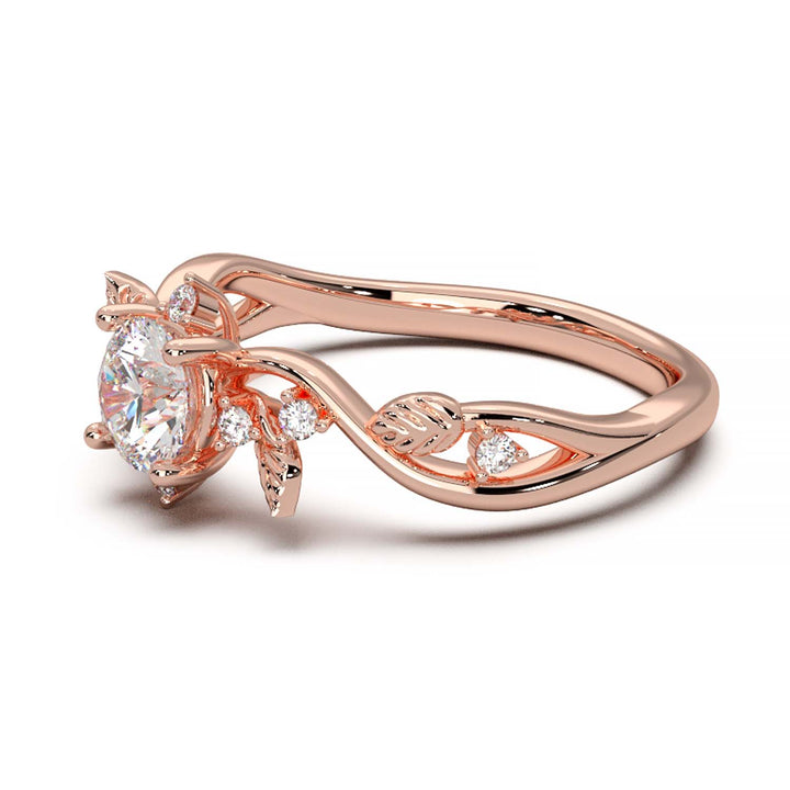 Leaf Vine Diamond Ring with Twisted Band and Round Brilliant Cut Center Stone