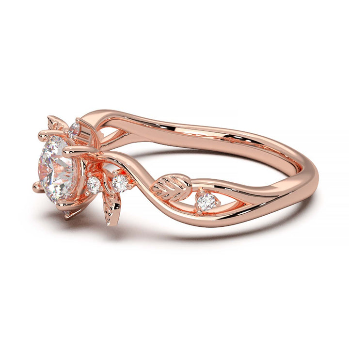 Leaf Vine Diamond Ring with Twisted Band and Round Brilliant Cut Center Stone