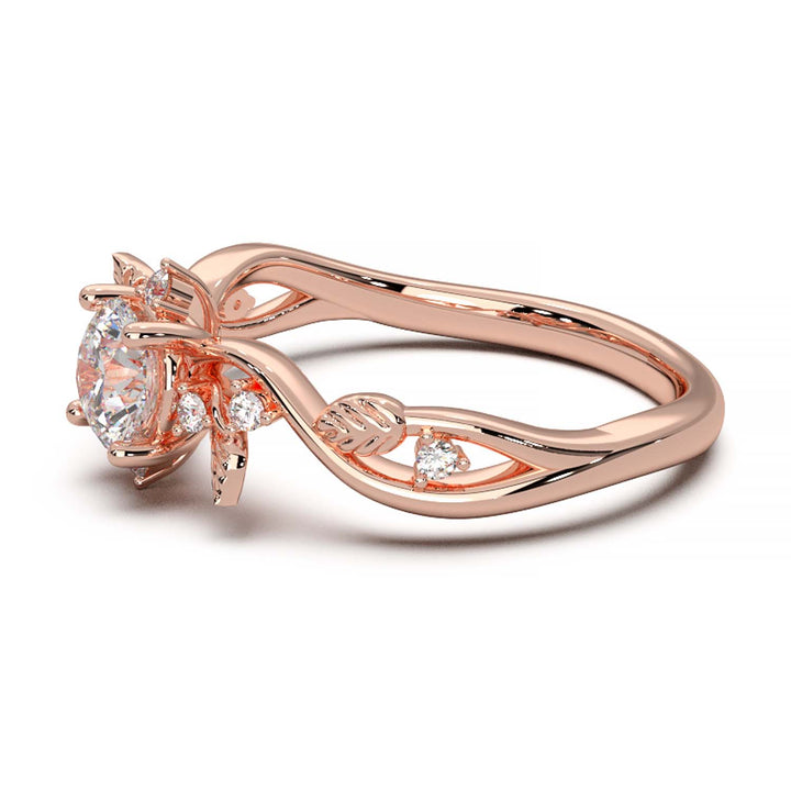 Leaf Vine Diamond Ring with Twisted Band and Round Brilliant Cut Center Stone