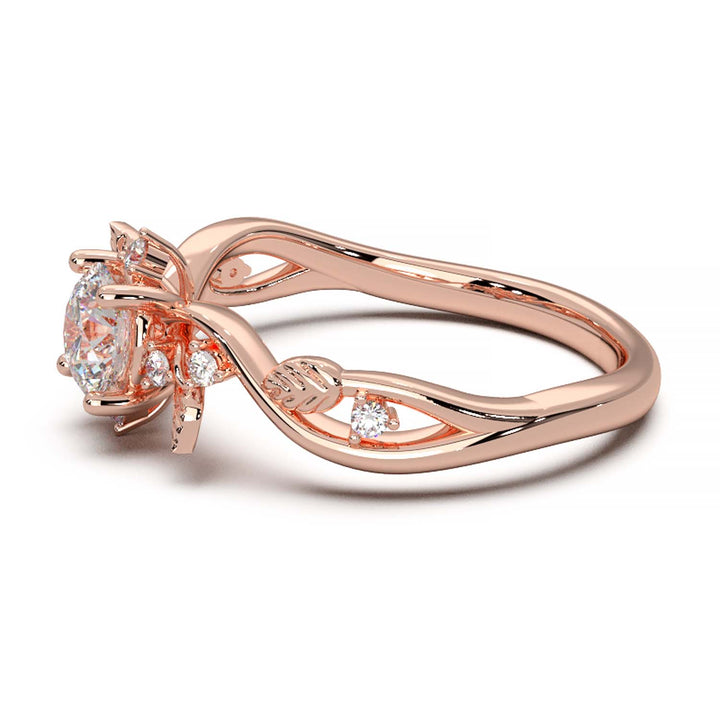 Leaf Vine Diamond Ring with Twisted Band and Round Brilliant Cut Center Stone