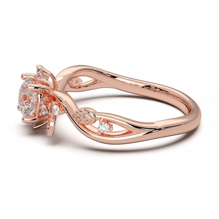Leaf Vine Diamond Ring with Twisted Band and Round Brilliant Cut Center Stone