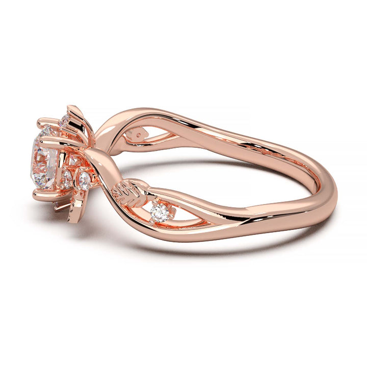 Leaf Vine Diamond Ring with Twisted Band and Round Brilliant Cut Center Stone