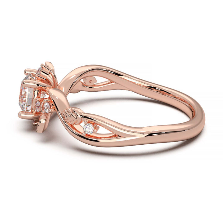 Leaf Vine Diamond Ring with Twisted Band and Round Brilliant Cut Center Stone