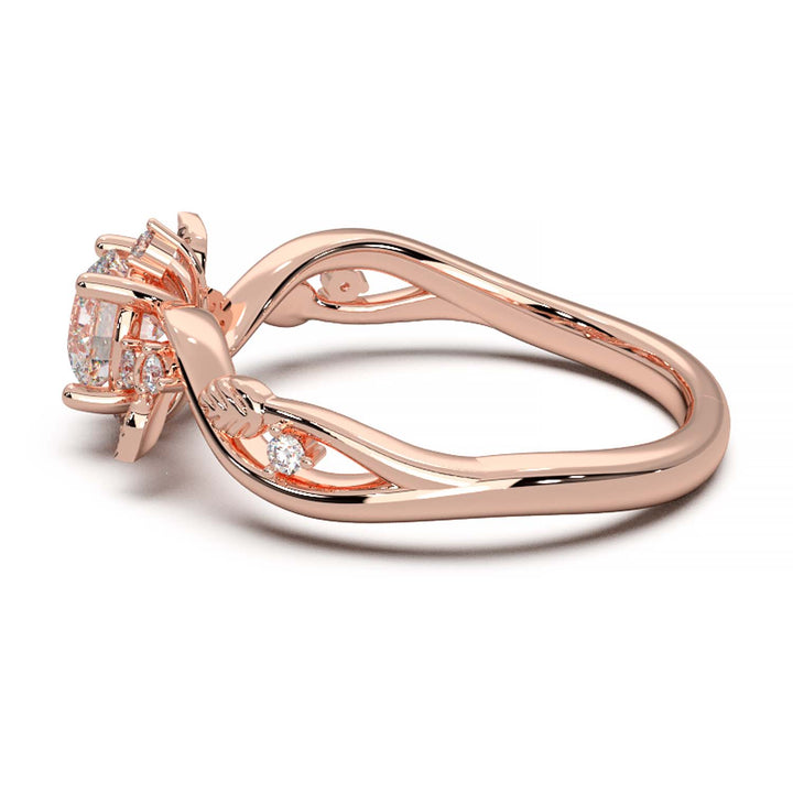 Leaf Vine Diamond Ring with Twisted Band and Round Brilliant Cut Center Stone