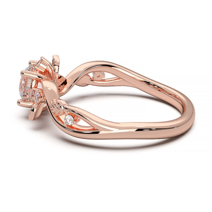 Leaf Vine Diamond Ring with Twisted Band and Round Brilliant Cut Center Stone