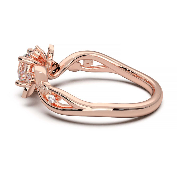 Leaf Vine Diamond Ring with Twisted Band and Round Brilliant Cut Center Stone