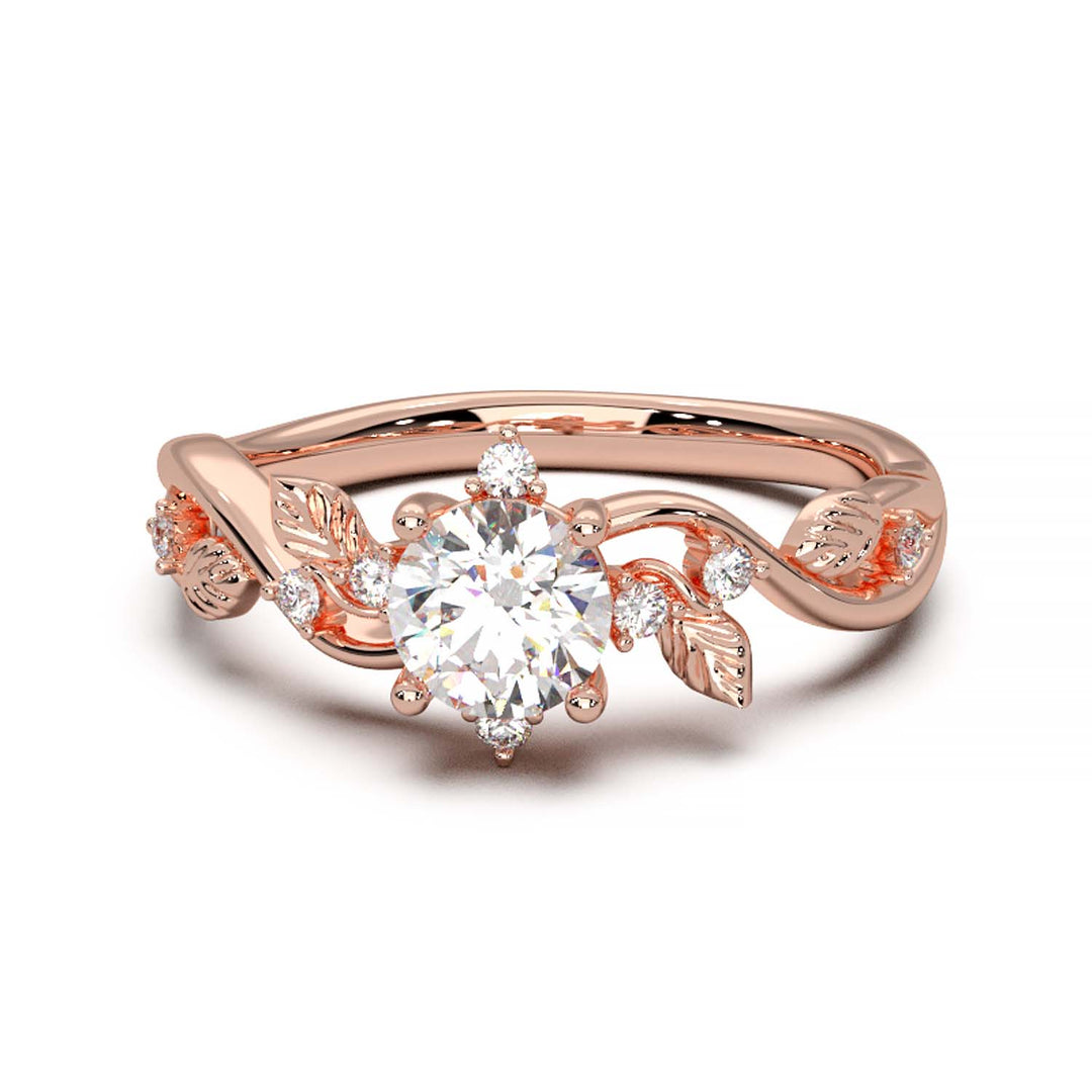 Leaf Vine Diamond Ring with Twisted Band and Round Brilliant Cut Center Stone