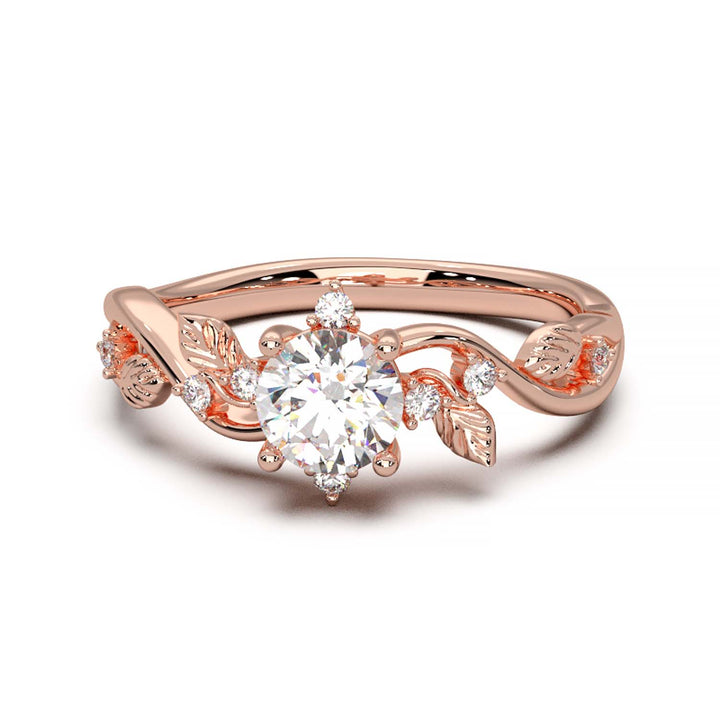 Leaf Vine Diamond Ring with Twisted Band and Round Brilliant Cut Center Stone