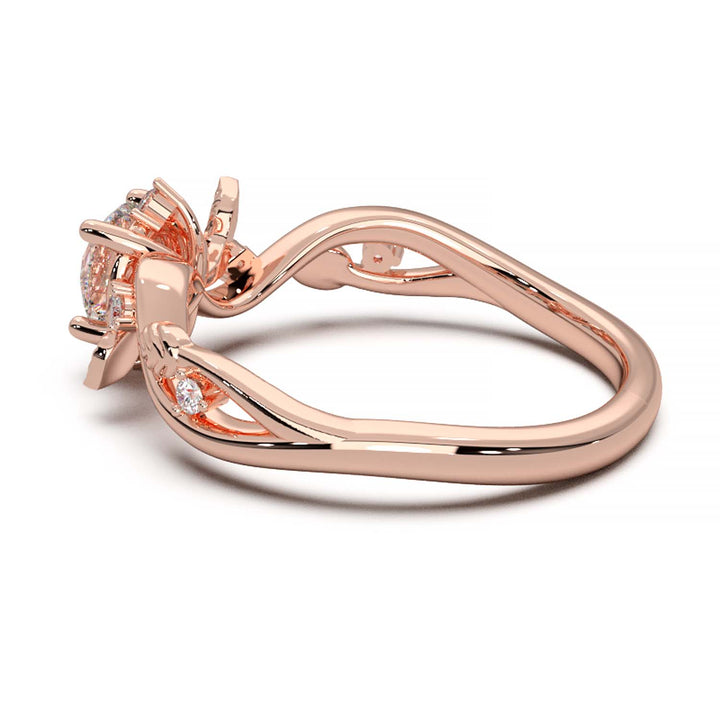 Leaf Vine Diamond Ring with Twisted Band and Round Brilliant Cut Center Stone