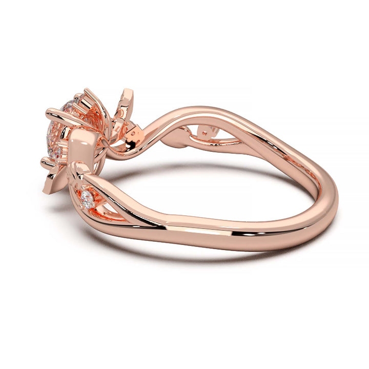 Leaf Vine Diamond Ring with Twisted Band and Round Brilliant Cut Center Stone