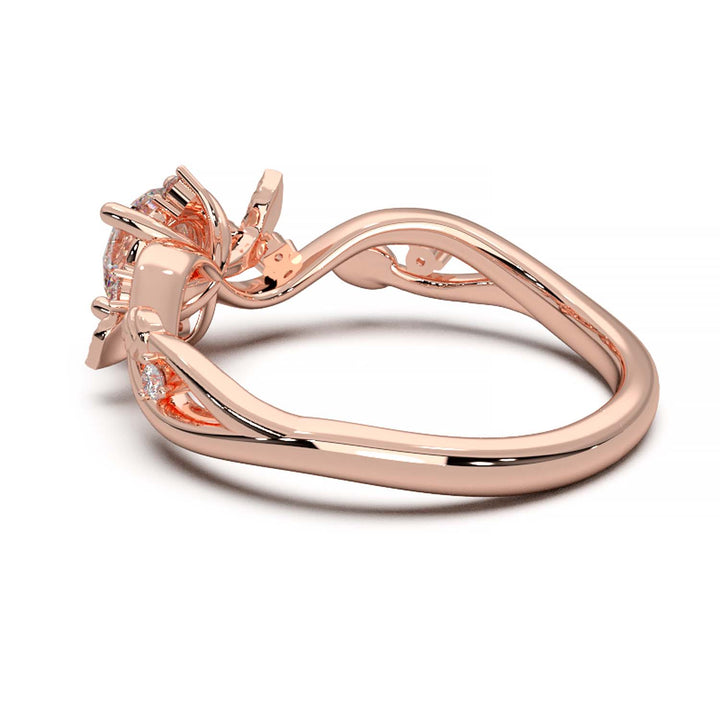Leaf Vine Diamond Ring with Twisted Band and Round Brilliant Cut Center Stone