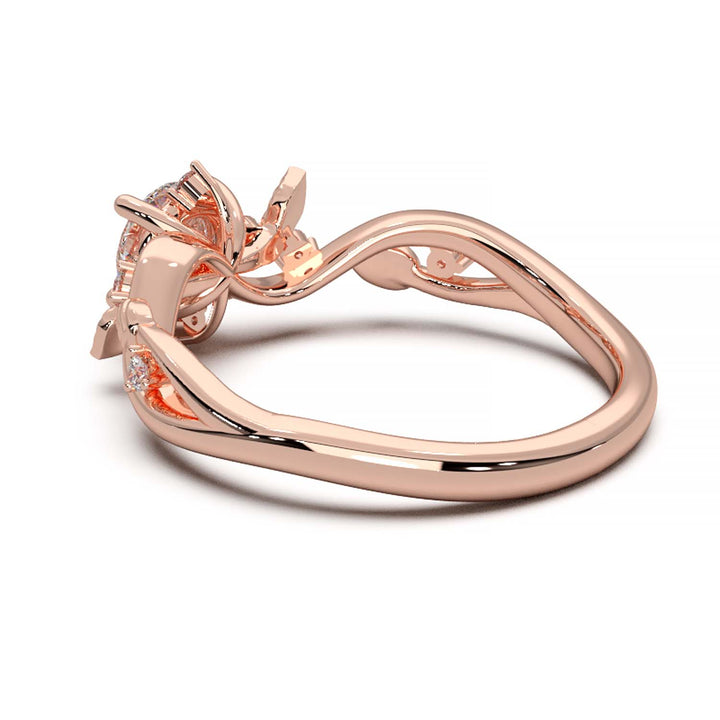 Leaf Vine Diamond Ring with Twisted Band and Round Brilliant Cut Center Stone
