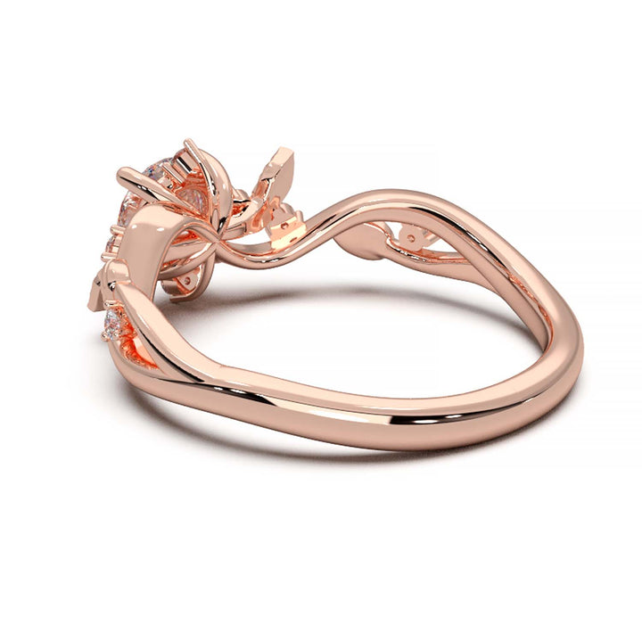 Leaf Vine Diamond Ring with Twisted Band and Round Brilliant Cut Center Stone
