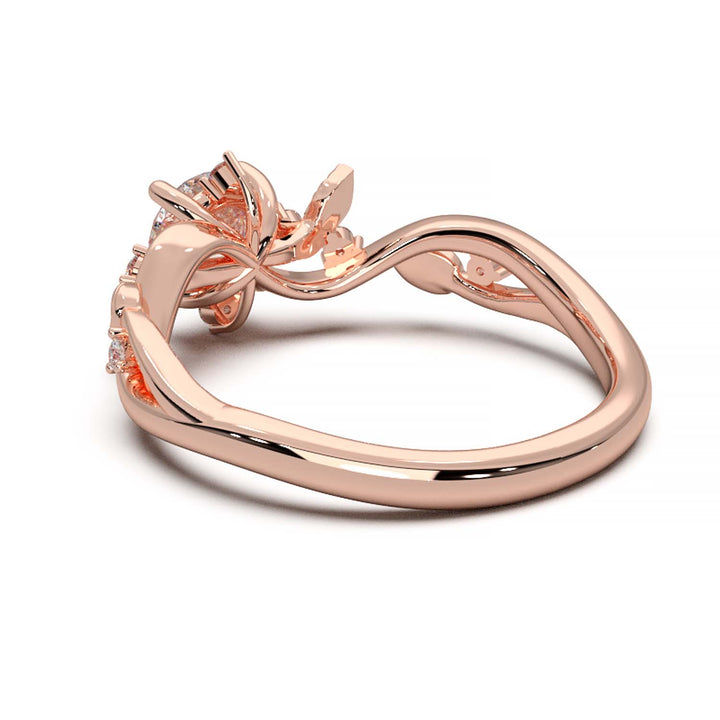 Leaf Vine Diamond Ring with Twisted Band and Round Brilliant Cut Center Stone
