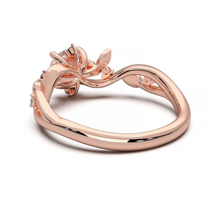 Leaf Vine Diamond Ring with Twisted Band and Round Brilliant Cut Center Stone