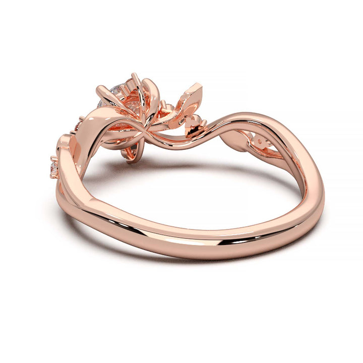 Leaf Vine Diamond Ring with Twisted Band and Round Brilliant Cut Center Stone