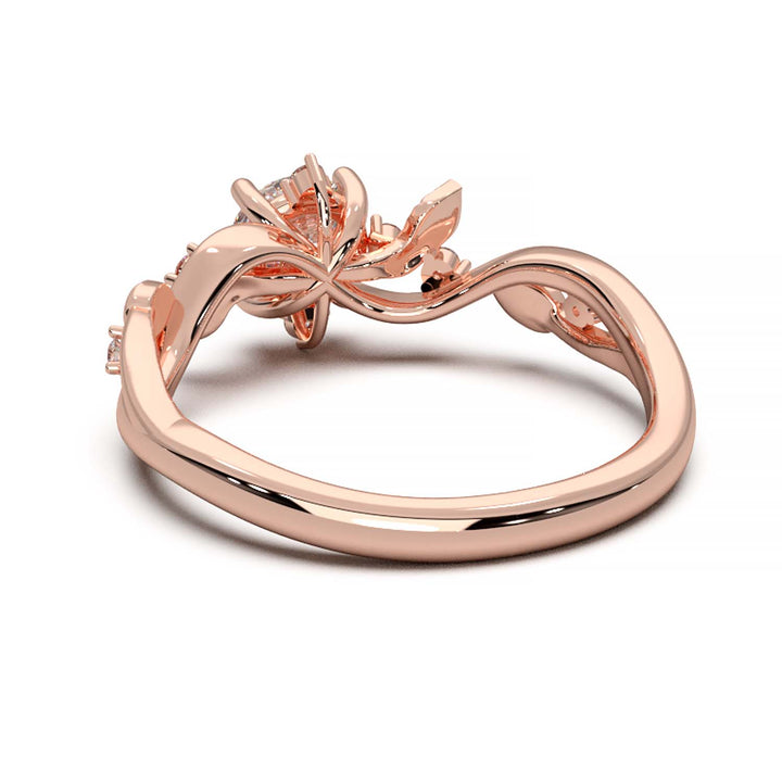 Leaf Vine Diamond Ring with Twisted Band and Round Brilliant Cut Center Stone