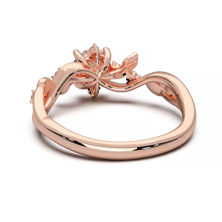Leaf Vine Diamond Ring with Twisted Band and Round Brilliant Cut Center Stone