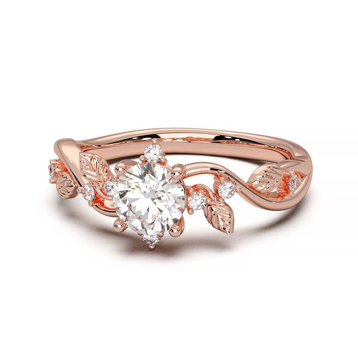 Leaf Vine Diamond Ring with Twisted Band and Round Brilliant Cut Center Stone