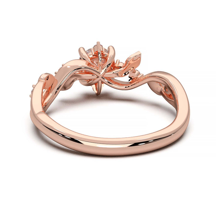Leaf Vine Diamond Ring with Twisted Band and Round Brilliant Cut Center Stone