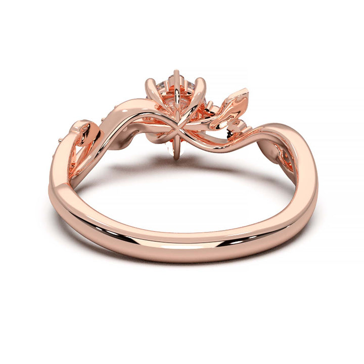 Leaf Vine Diamond Ring with Twisted Band and Round Brilliant Cut Center Stone