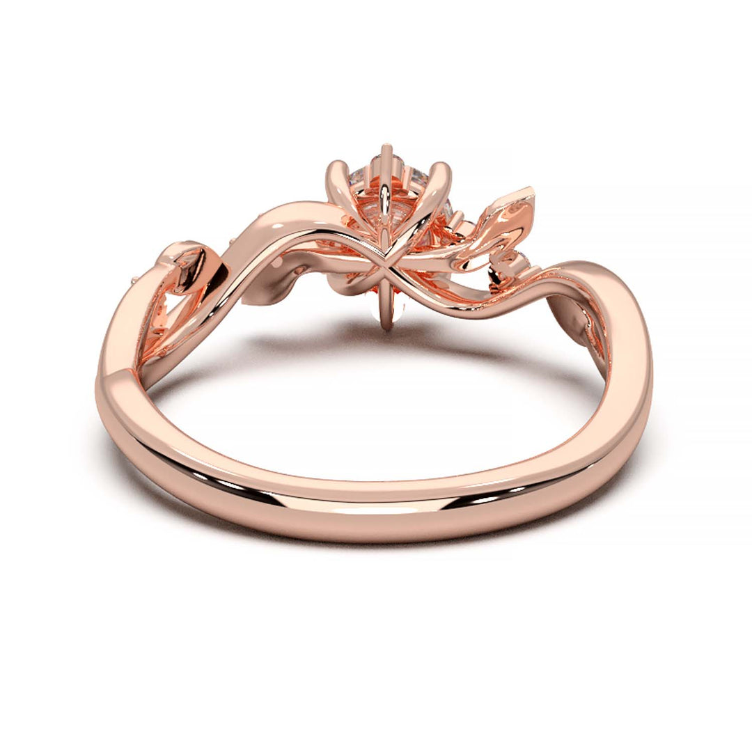 Leaf Vine Diamond Ring with Twisted Band and Round Brilliant Cut Center Stone