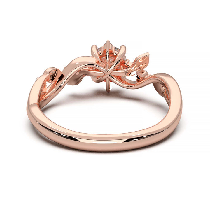 Leaf Vine Diamond Ring with Twisted Band and Round Brilliant Cut Center Stone