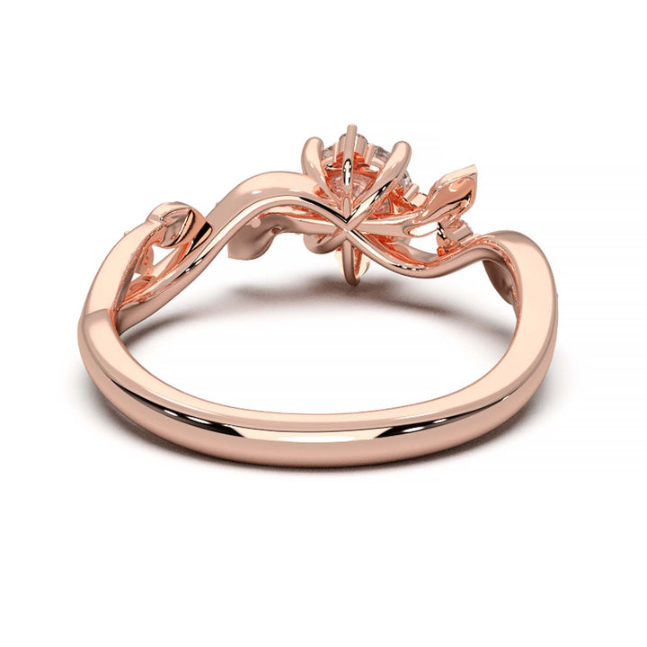 Leaf Vine Diamond Ring with Twisted Band and Round Brilliant Cut Center Stone