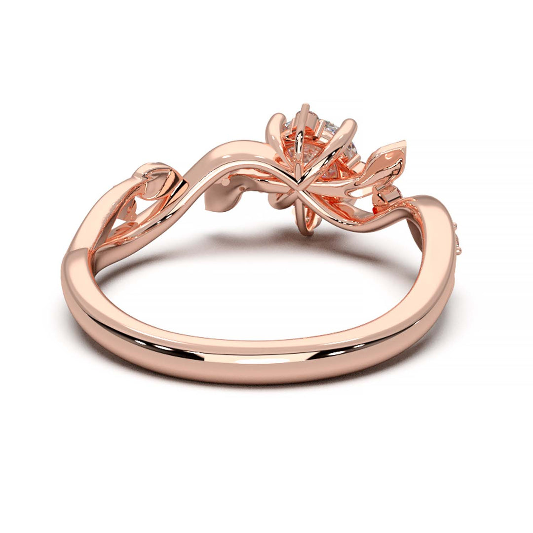 Leaf Vine Diamond Ring with Twisted Band and Round Brilliant Cut Center Stone