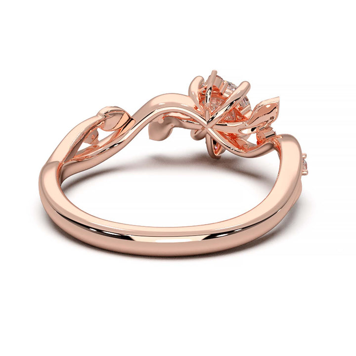 Leaf Vine Diamond Ring with Twisted Band and Round Brilliant Cut Center Stone