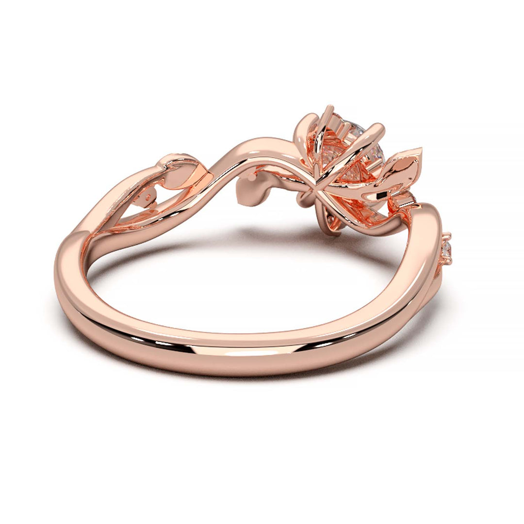 Leaf Vine Diamond Ring with Twisted Band and Round Brilliant Cut Center Stone