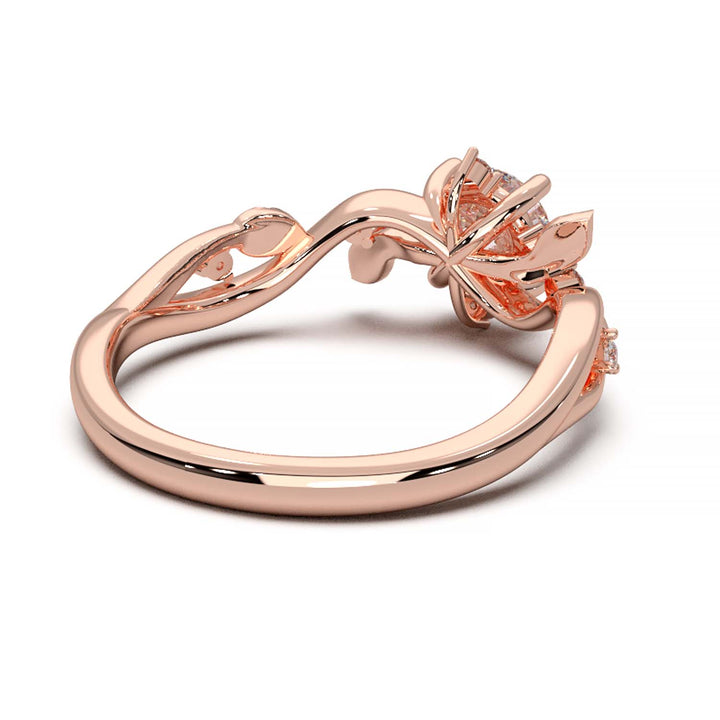 Leaf Vine Diamond Ring with Twisted Band and Round Brilliant Cut Center Stone