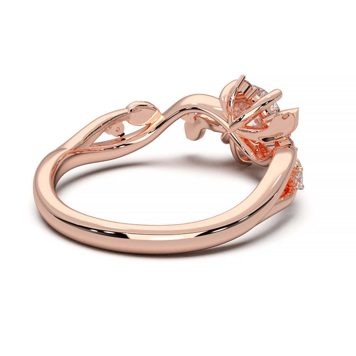 Leaf Vine Diamond Ring with Twisted Band and Round Brilliant Cut Center Stone