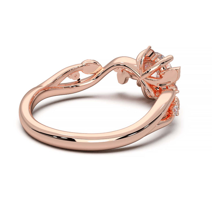 Leaf Vine Diamond Ring with Twisted Band and Round Brilliant Cut Center Stone