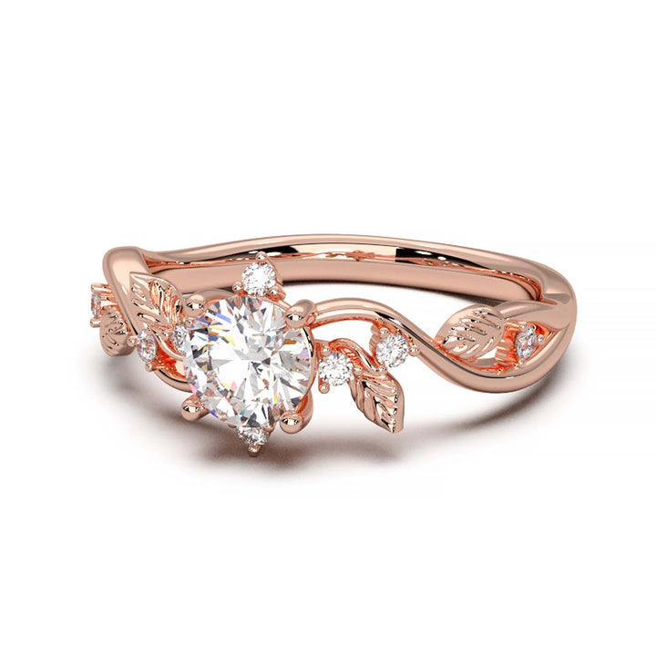 Leaf Vine Diamond Ring with Twisted Band and Round Brilliant Cut Center Stone