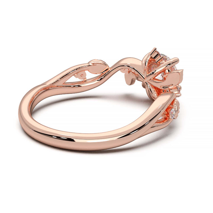 Leaf Vine Diamond Ring with Twisted Band and Round Brilliant Cut Center Stone