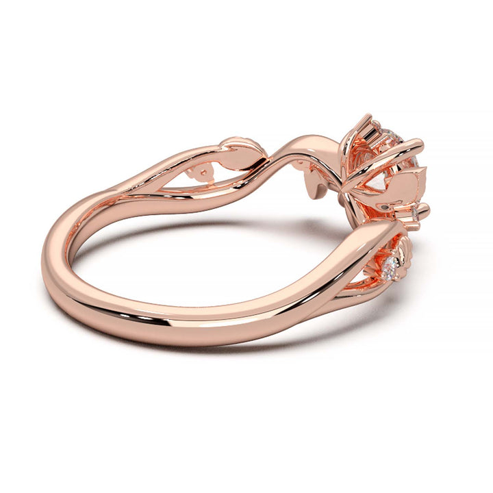 Leaf Vine Diamond Ring with Twisted Band and Round Brilliant Cut Center Stone