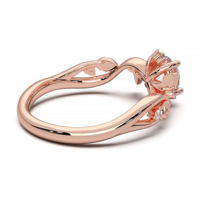 Leaf Vine Diamond Ring with Twisted Band and Round Brilliant Cut Center Stone