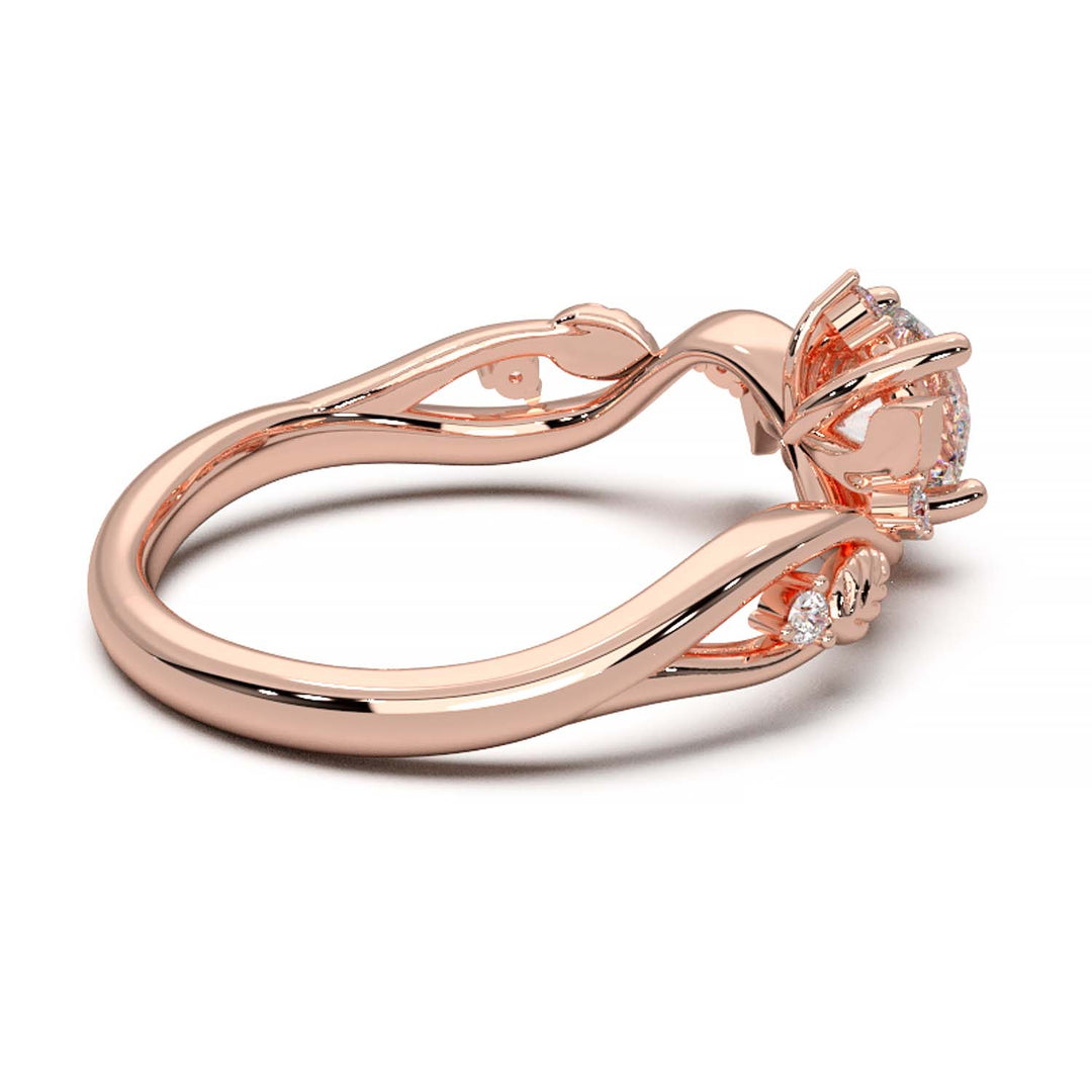 Leaf Vine Diamond Ring with Twisted Band and Round Brilliant Cut Center Stone