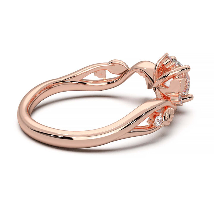 Leaf Vine Diamond Ring with Twisted Band and Round Brilliant Cut Center Stone