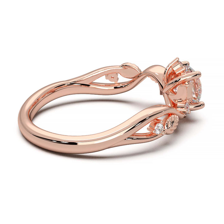 Leaf Vine Diamond Ring with Twisted Band and Round Brilliant Cut Center Stone