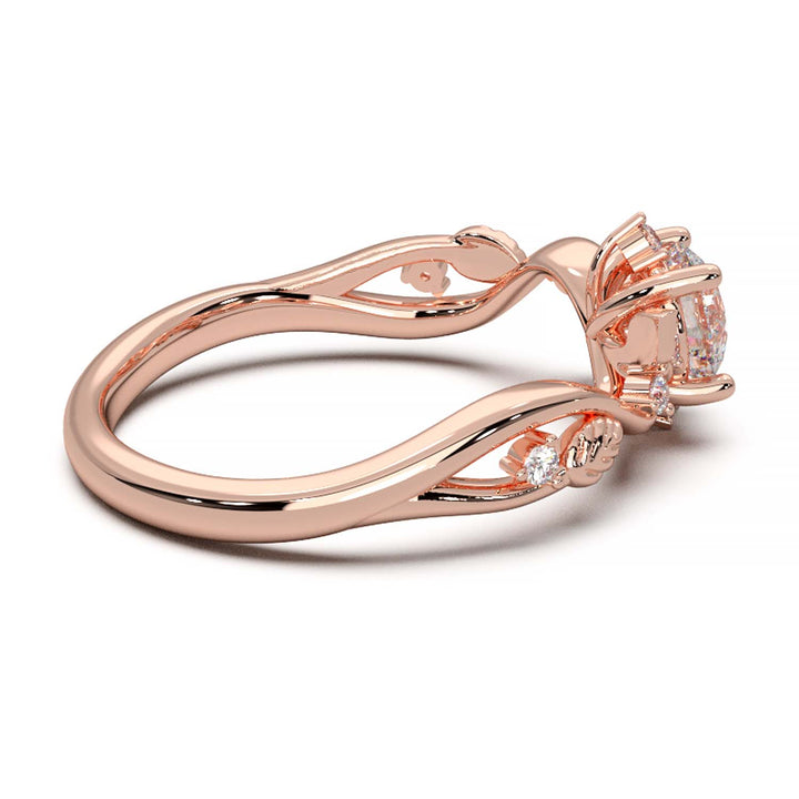 Leaf Vine Diamond Ring with Twisted Band and Round Brilliant Cut Center Stone