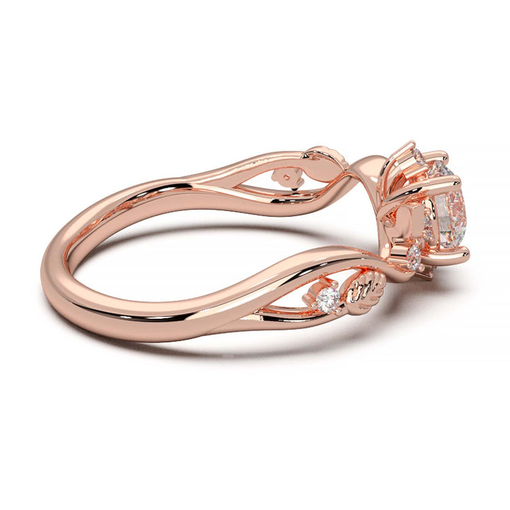 Leaf Vine Diamond Ring with Twisted Band and Round Brilliant Cut Center Stone
