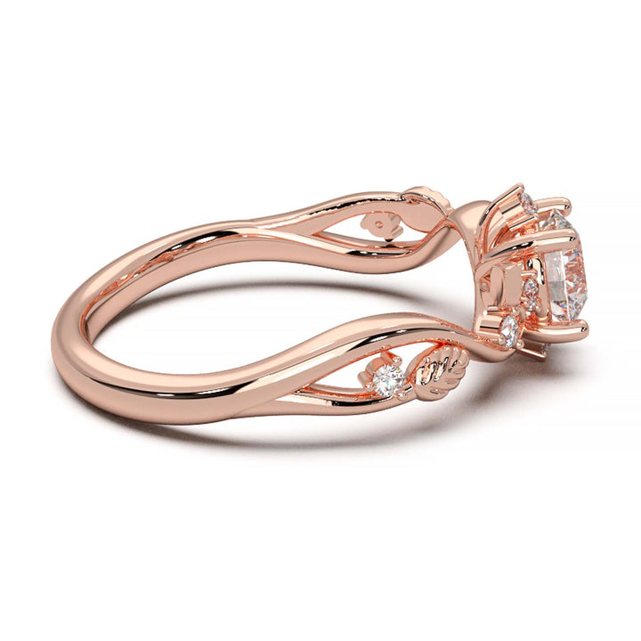 Leaf Vine Diamond Ring with Twisted Band and Round Brilliant Cut Center Stone