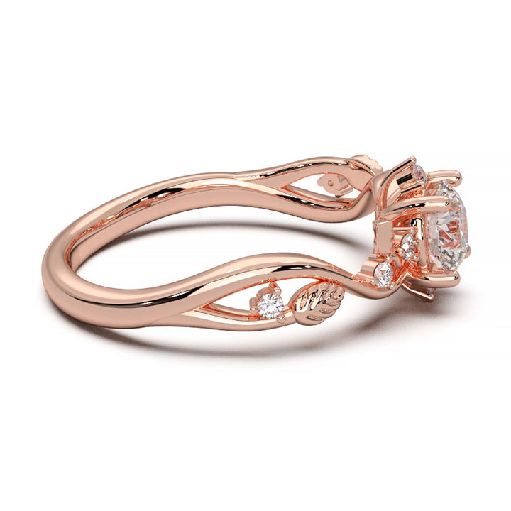 Leaf Vine Diamond Ring with Twisted Band and Round Brilliant Cut Center Stone