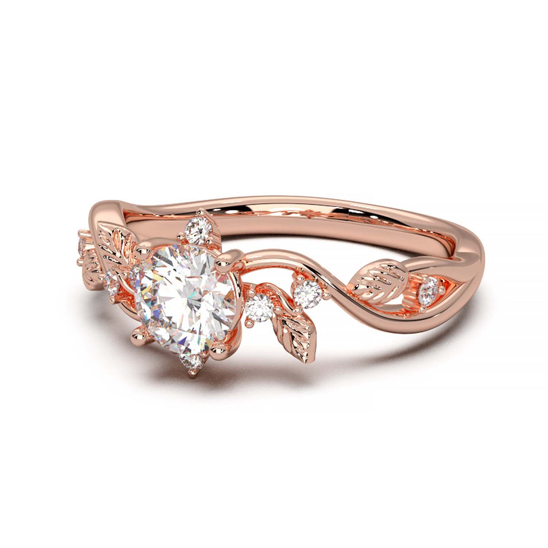 Leaf Vine Diamond Ring with Twisted Band and Round Brilliant Cut Center Stone