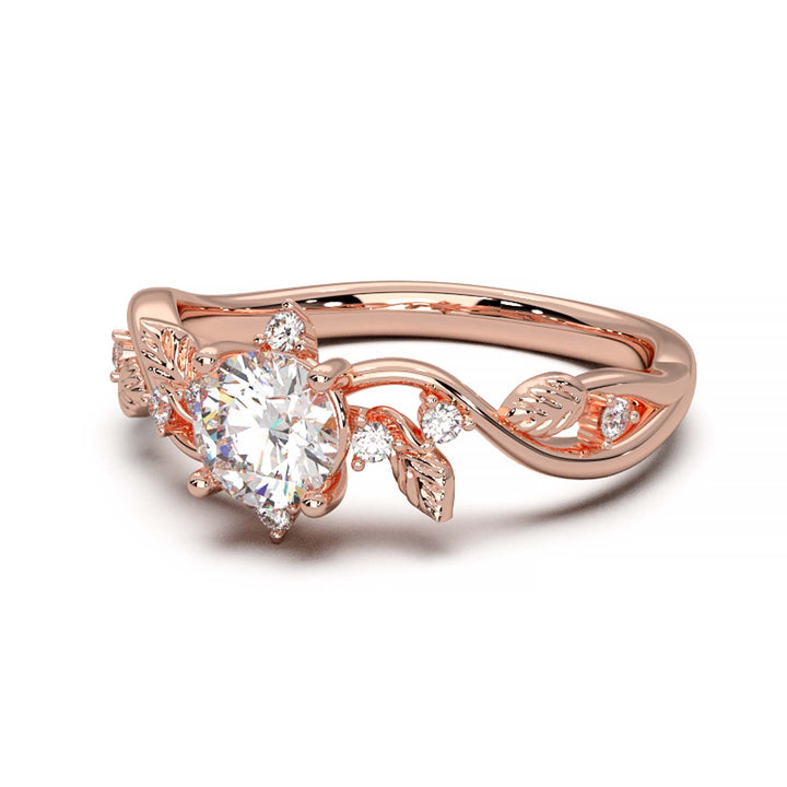 Leaf Vine Diamond Ring with Twisted Band and Round Brilliant Cut Center Stone