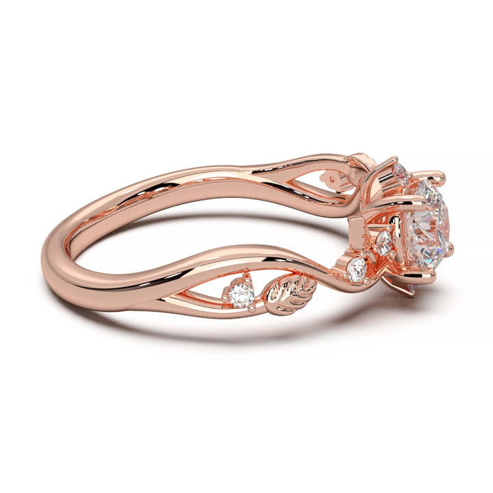 Leaf Vine Diamond Ring with Twisted Band and Round Brilliant Cut Center Stone