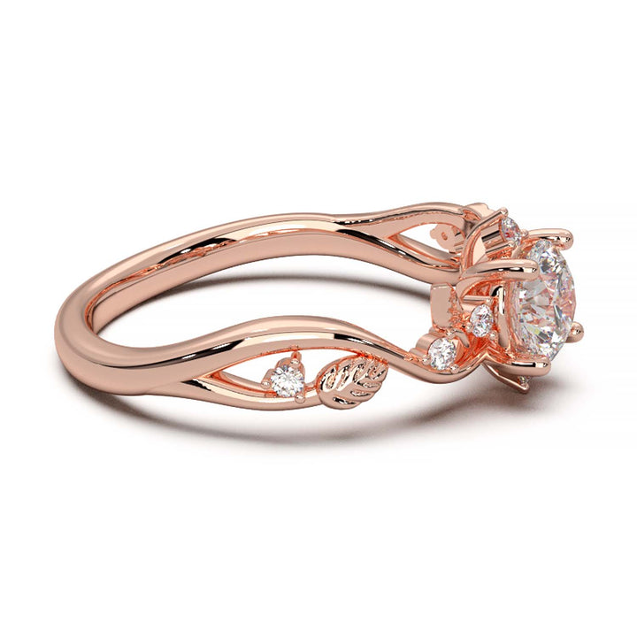 Leaf Vine Diamond Ring with Twisted Band and Round Brilliant Cut Center Stone