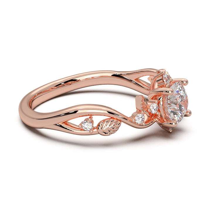 Leaf Vine Diamond Ring with Twisted Band and Round Brilliant Cut Center Stone
